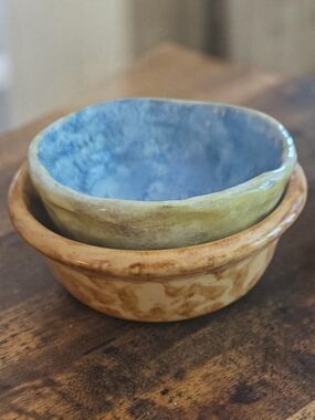 Handmade Blue and Tan Ceramic Pinch Bowls - Unknown Origin